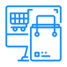 Blue icon of a computer monitor with a shopping cart and a shopping bag, representing online shopping.