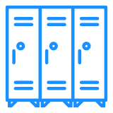 Blue line drawing of three school lockers.