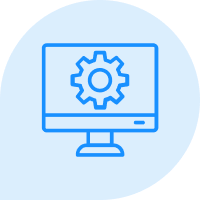 Blue computer monitor with gear icon on a light blue background, symbolizing settings or configuration.