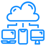 Blue cloud connecting to laptop, phone, and desktop computer.