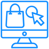 Blue computer screen showing a shopping bag icon and a cursor, indicating online shopping.