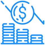 Blue icon: dollar sign with a downward arrow above decreasing stacks of coins, indicating financial decline.