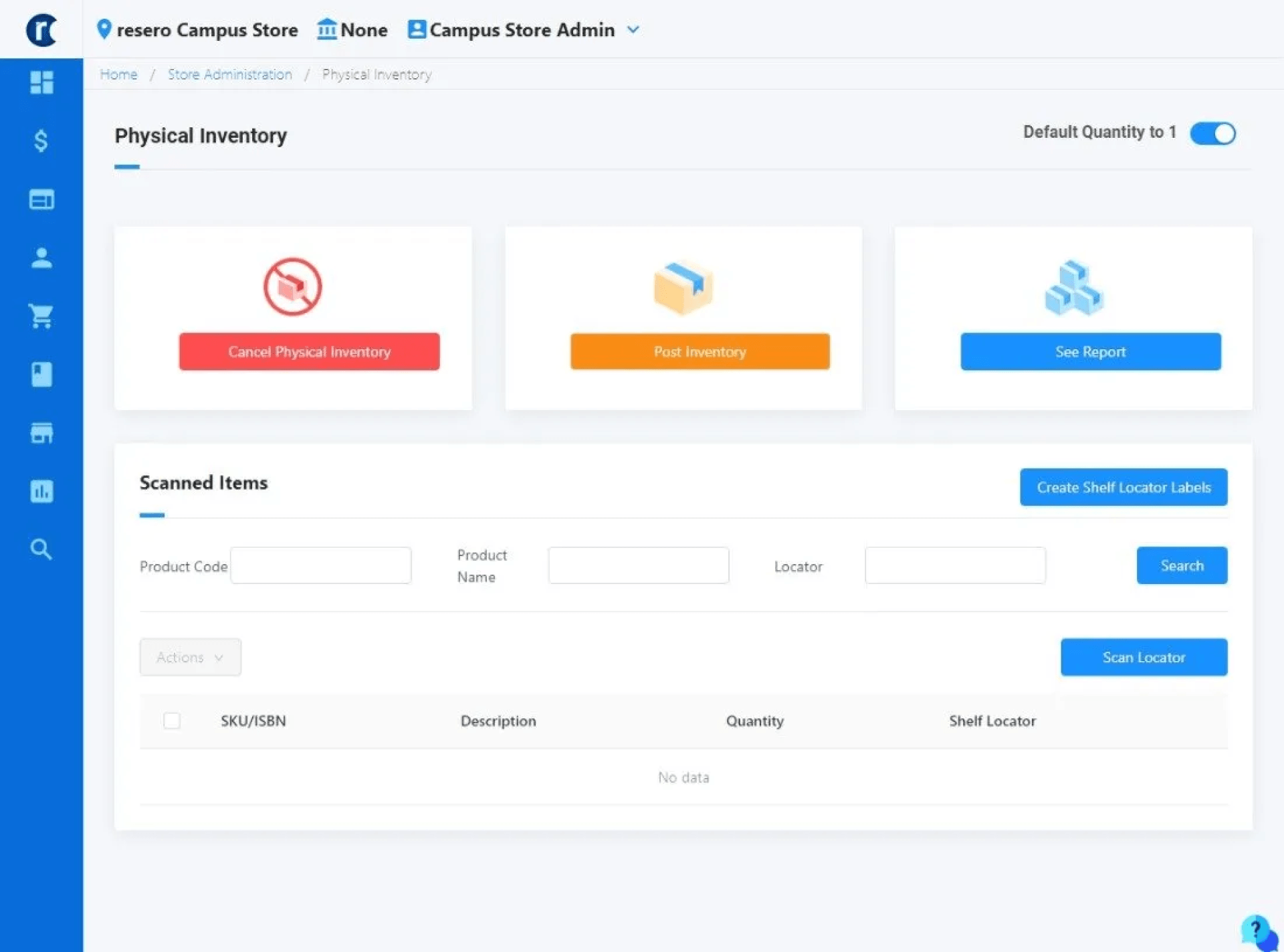 Inventory management dashboard with options for physical inventory, adjustments, and reports.