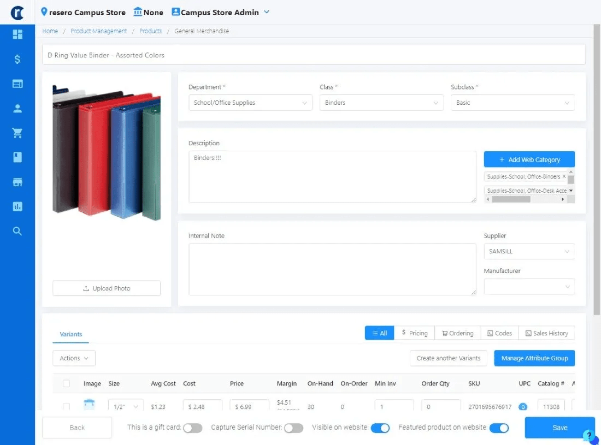Product page for Office Binders: view, edit, and manage product details.