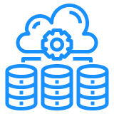 Blue cloud with gear above three database cylinders, representing cloud data storage.