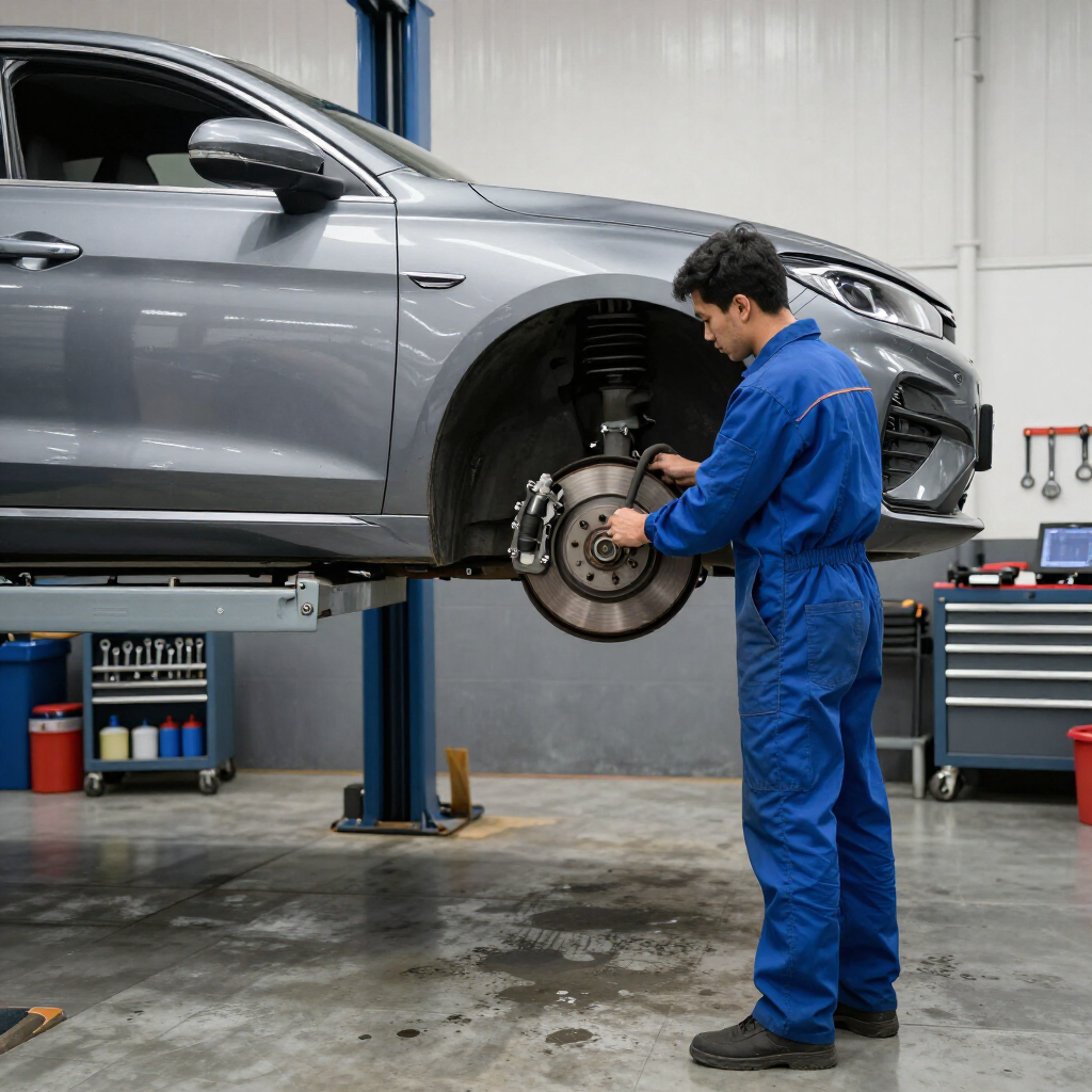 Mecánico con mono azul inspeccionando el freno delantero de un coche plateado en un taller.