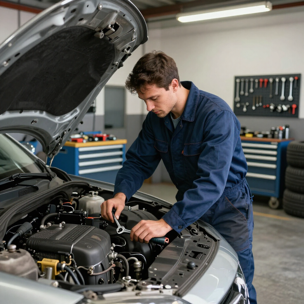Mecánico con mono azul inspeccionando el motor de un coche abierto en un taller mecánico.