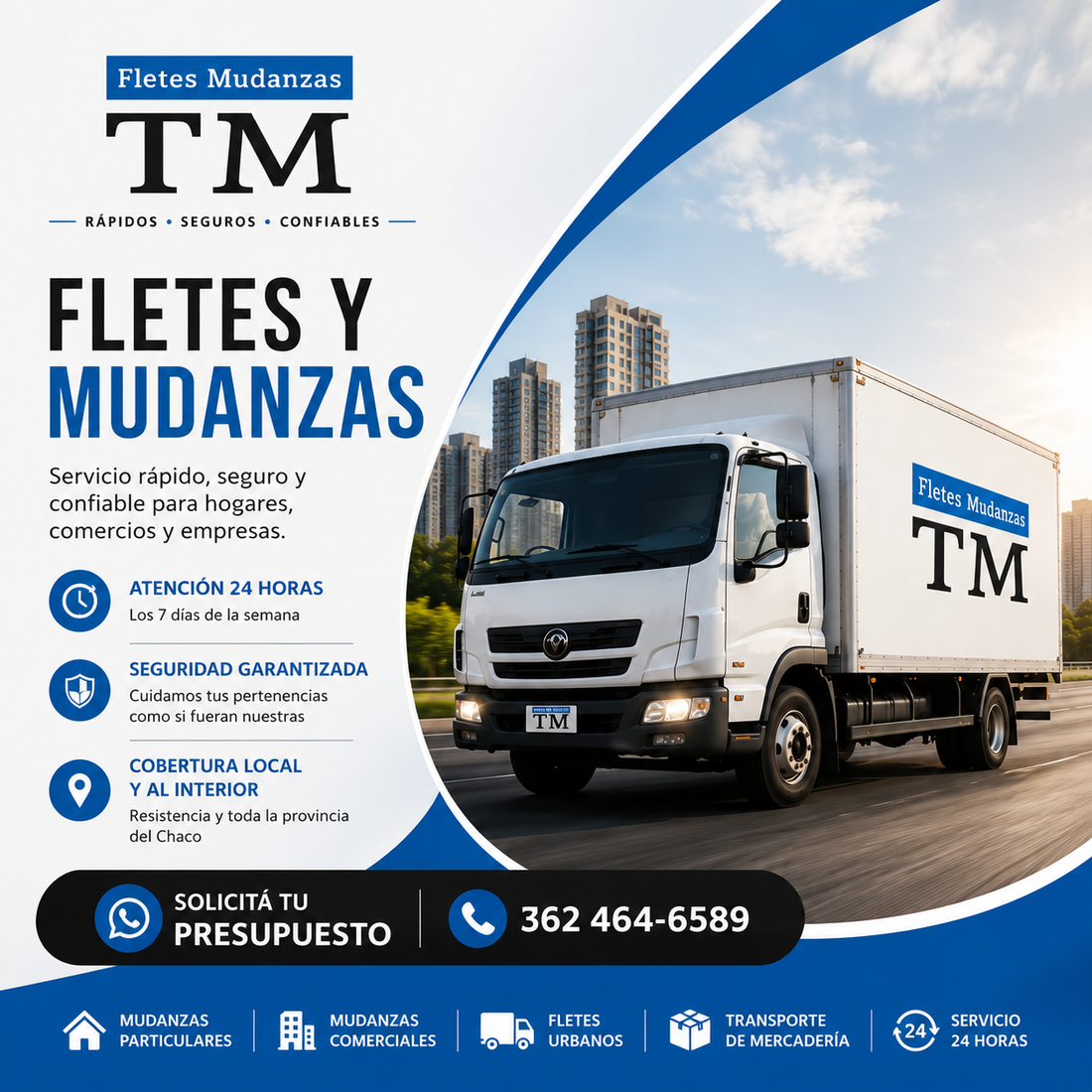 Anuncio de TM mudanzas que muestra un camión de mudanzas blanco, la marca en azul y blanco