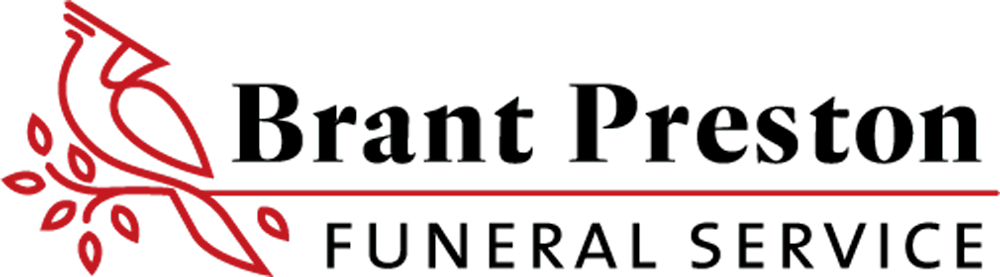 Brant Preston Funeral Service logo with red floral emblem and black text on white background