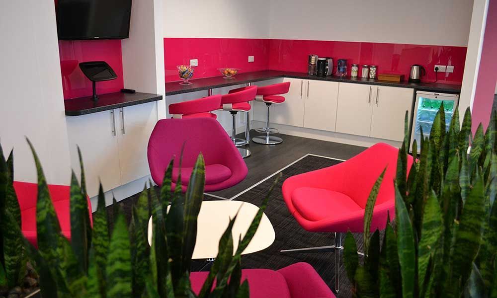 Modern kitchen lounge with pink chairs, magenta backsplash, and potted plants in the foreground
