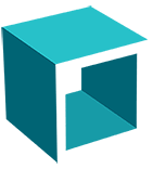 Turquoise and white geometric cube-like logo with an open center