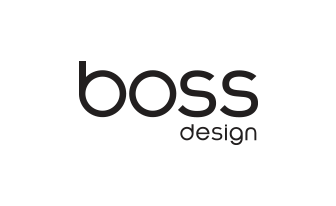 Black “boss design” logo on a white background