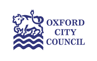 Oxford City Council logo with a white ox above blue wavy lines and blue text