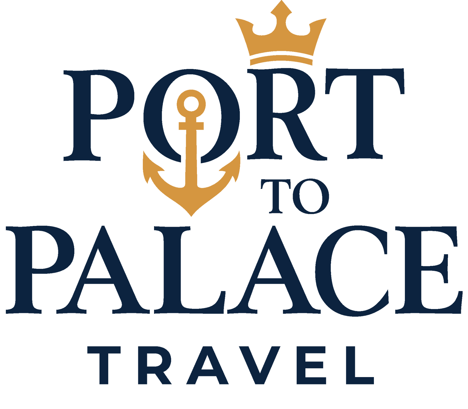 Logo for Port to Palace Travel featuring navy text, gold anchor, gold crown.