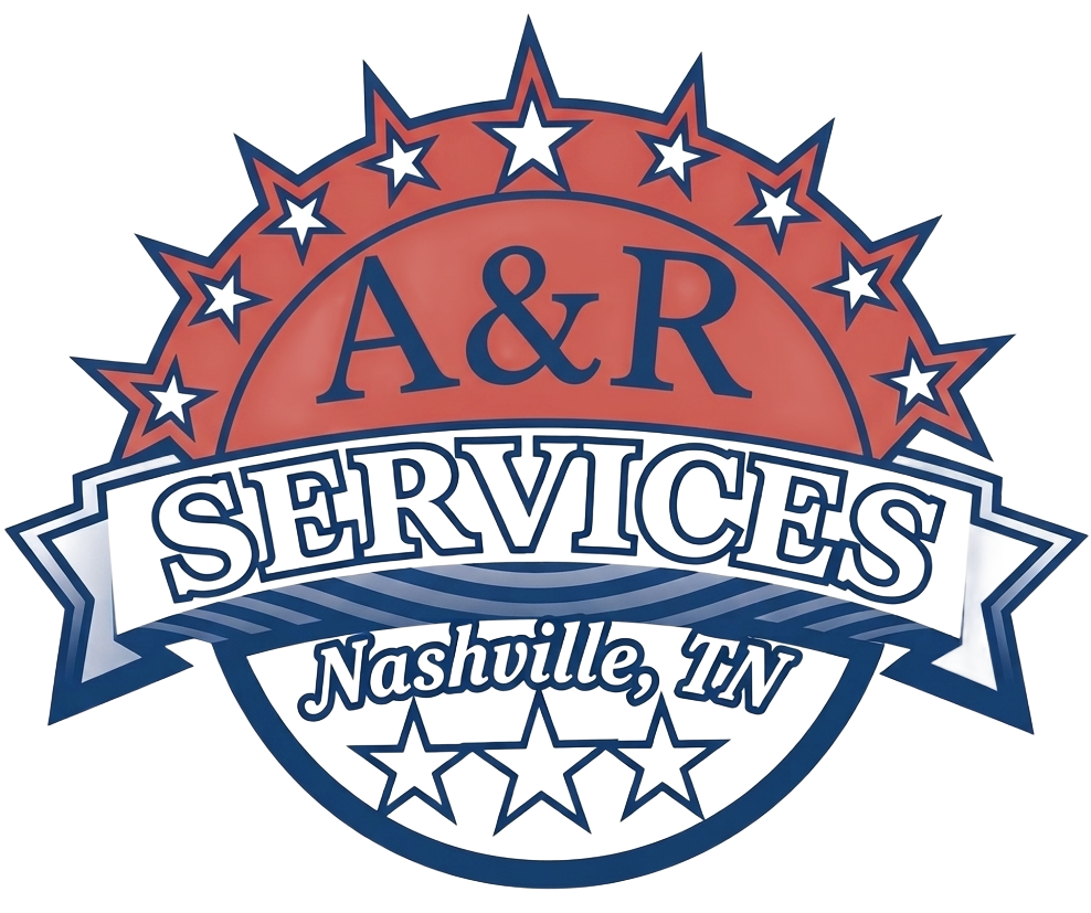 A patriotic logo featuring a red semicircle with white stars above a blue banner labeled "A&R SERVICES" and "Nashville, TN."