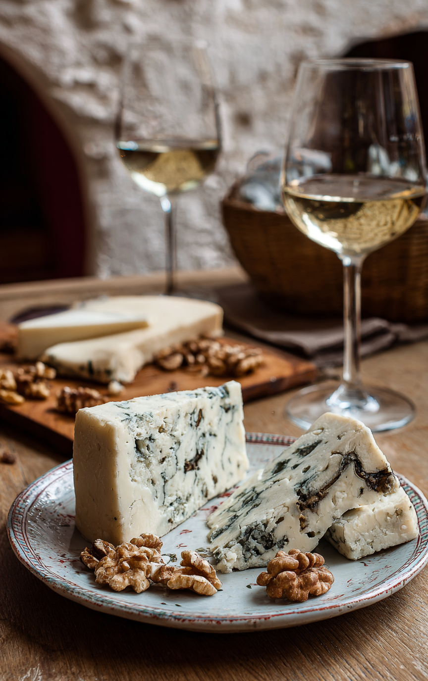 Vino e formaggio erborinato su un tavolo con cracker e due bicchieri di vino bianco
