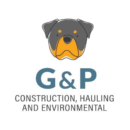 The logo for g & p construction , hauling and environmental shows a dog 's head.