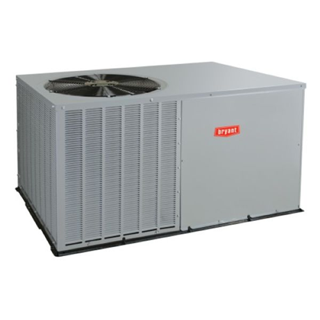 Gray rooftop HVAC unit with a large fan and vented panels