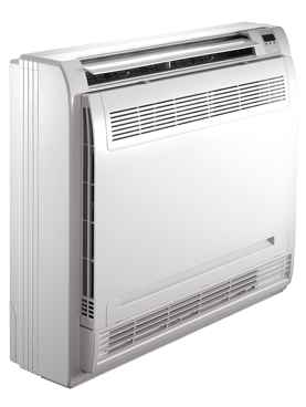 Wall-mounted white air conditioner unit with front vents and slim top vent