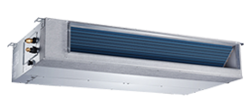 Rectangular metal HVAC duct unit with a dark blue vent grille on a white background