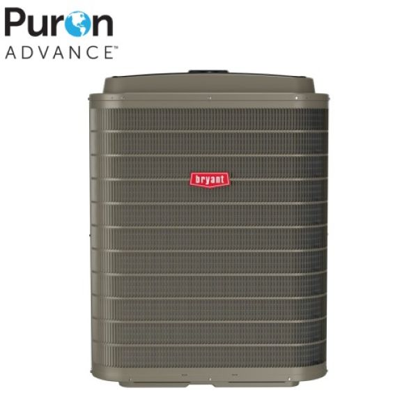 Bryant Puron Advance outdoor air conditioner unit in gray with red logo