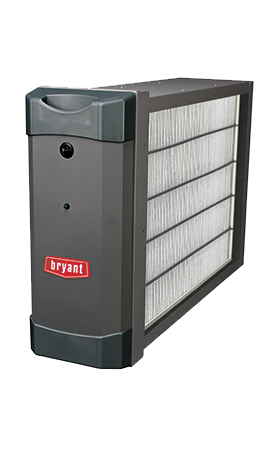 Gray furnace air filter cabinet with white pleated filter panels and red Bryant logo