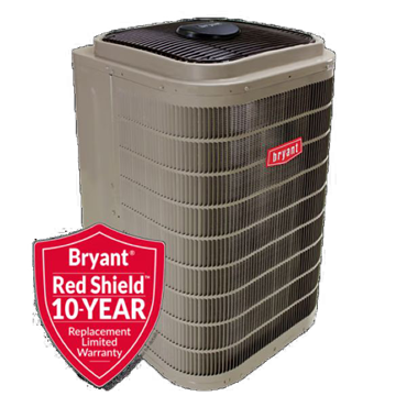 Bryant air conditioner with Red Shield 10-year replacement warranty badge