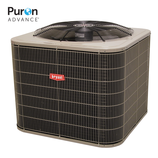 Gray Bryant Puron Advance outdoor air conditioner unit with top fan on a white background