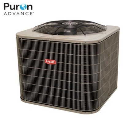 Bryant Puron Advance outdoor air conditioner unit with top fan and dark gray grille