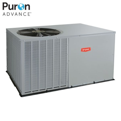Gray rooftop HVAC unit with fan grille and red logo on a white background