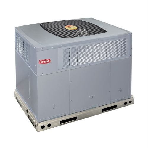 Gray outdoor HVAC unit with a top fan and vented sides on a metal base