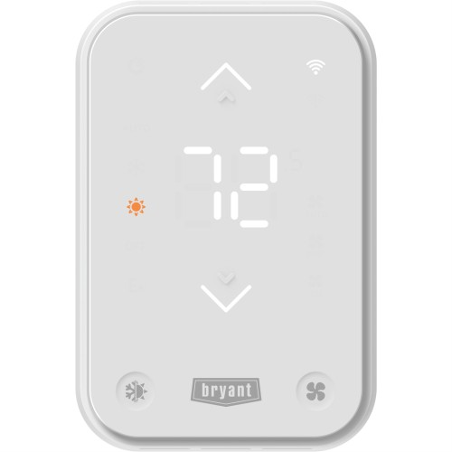 White Bryant thermostat displaying 72 degrees with up/down arrows and fan icons on a gray background