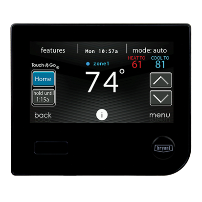 Digital thermostat display showing 74° in Home mode with heat and cool set points.