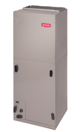 Beige Bryant furnace cabinet with red logo and black vents on a white background