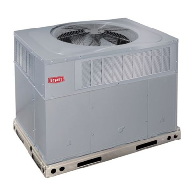 Gray rooftop HVAC unit with top fan on a pallet