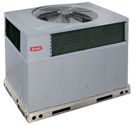 Gray rooftop HVAC unit with a top-mounted fan on a metal base