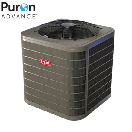 Gray Bryant Puron Advance outdoor air conditioner unit with top fan and side vents