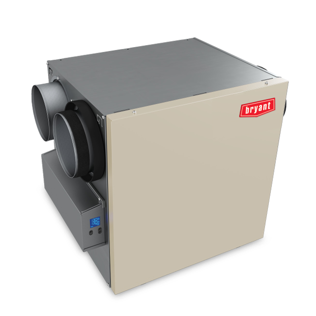 Beige Bryant HVAC air handler unit with gray top and black side ducts