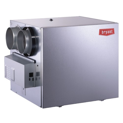 Silver Bryant HVAC unit with round duct vents and control box on the left