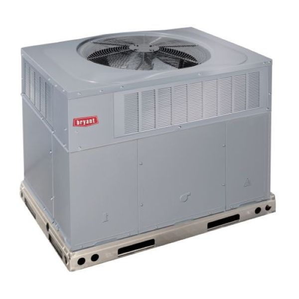 Gray rooftop HVAC unit on a pallet with top-mounted fans