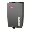 Gray electrical cabinet with red label and vertical control panel on the front