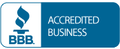 BBB Accredited Business badge in blue and white with the BBB torch logo