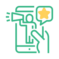 A hand is holding a cell phone with a megaphone and a star in a speech bubble.