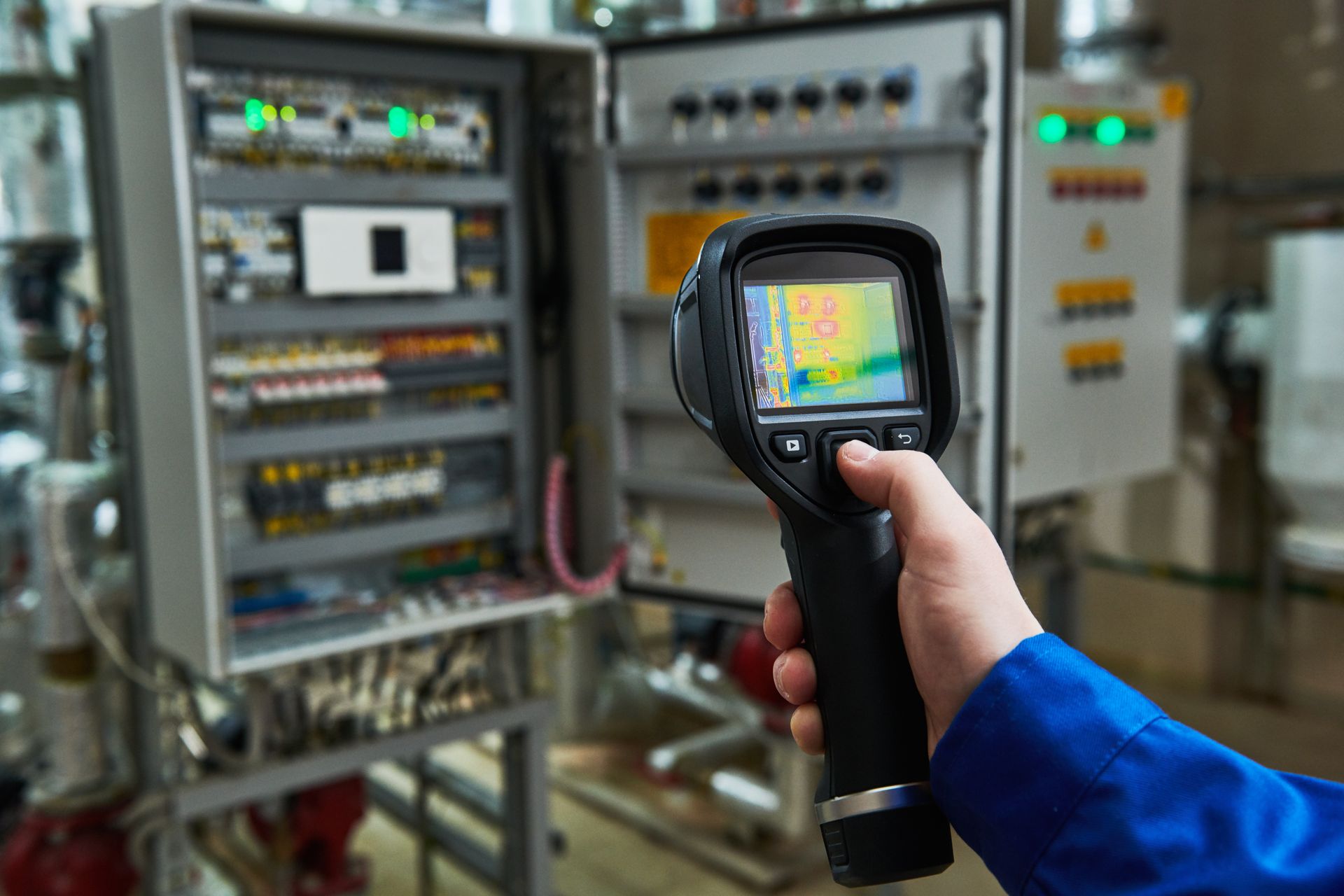 Person in blue coveralls using a thermal camera to inspect an electrical panel.