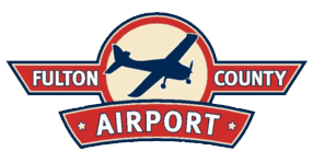 Logo of Fulton County Airport featuring a blue airplane, red and white text.