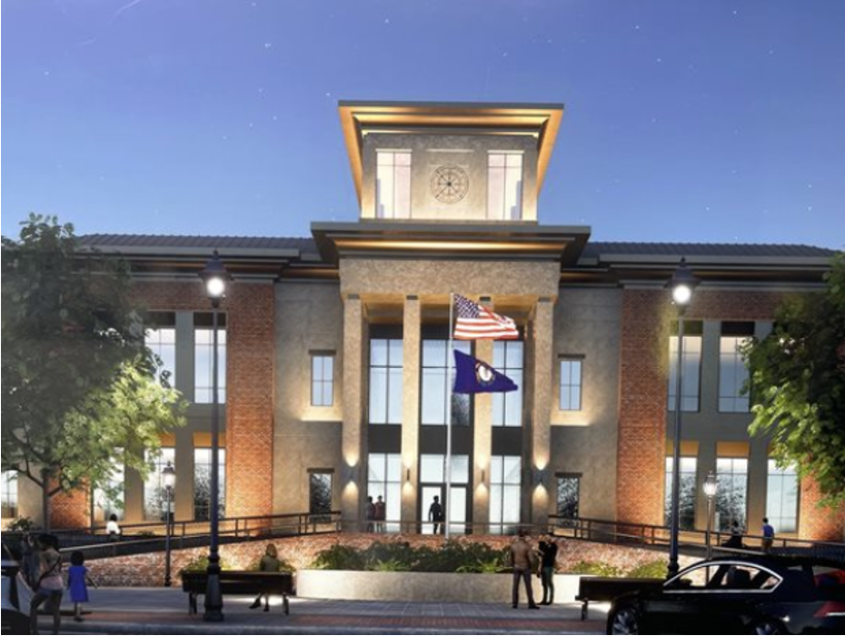 Nighttime rendering of a courthouse with flagpoles, brick and stone facade, and streetlights.