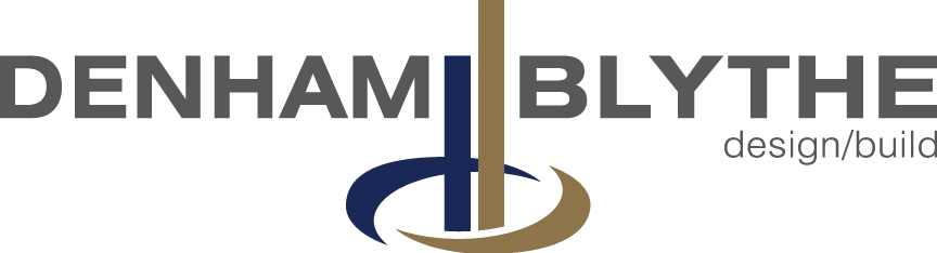 Logo for Denham Blythe, design/build company. Grey text, abstract graphic of arcs and lines in navy and tan.