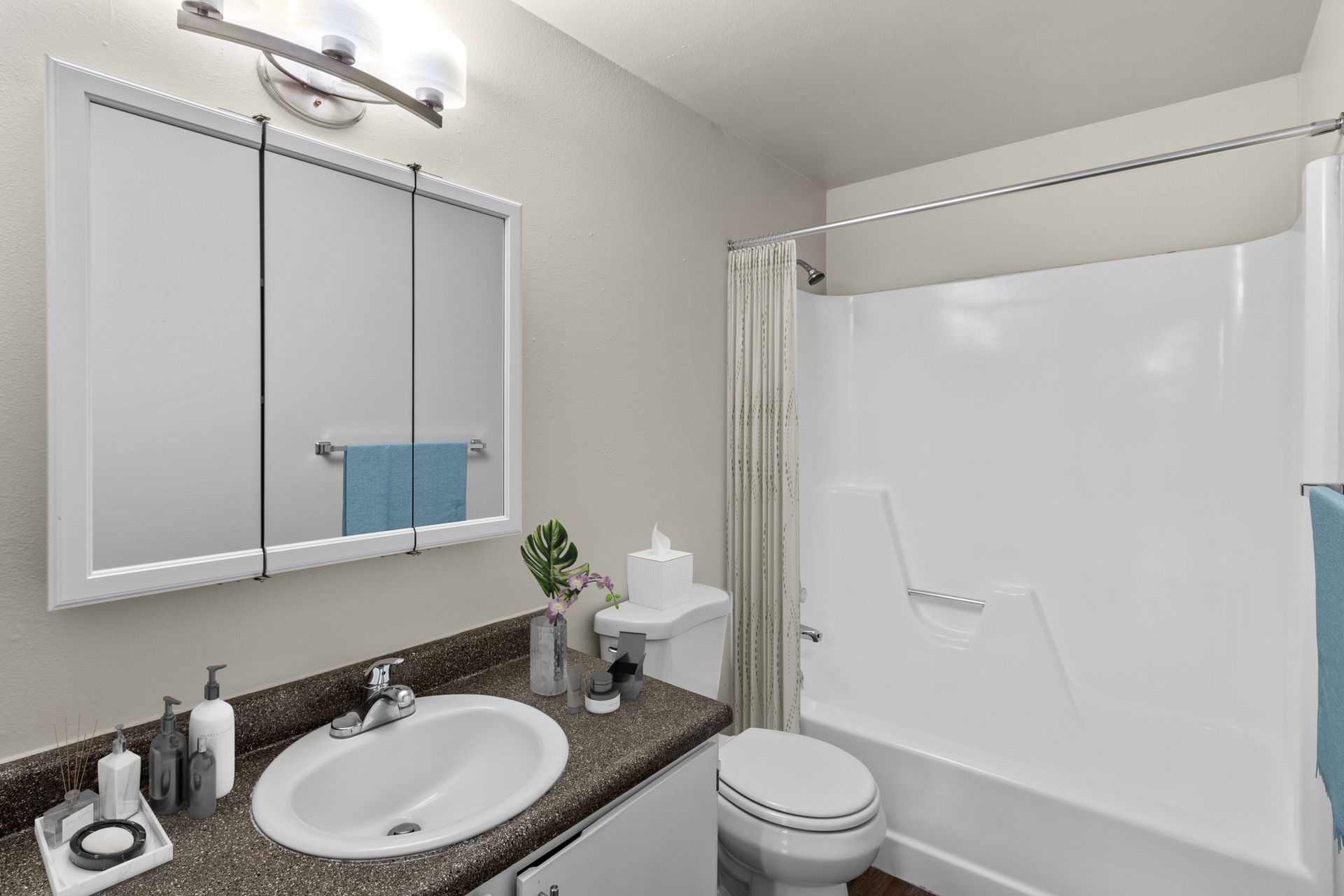 spacious bathroom with tub and shower plus linen closet