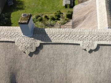 thatched roof house with a garden
