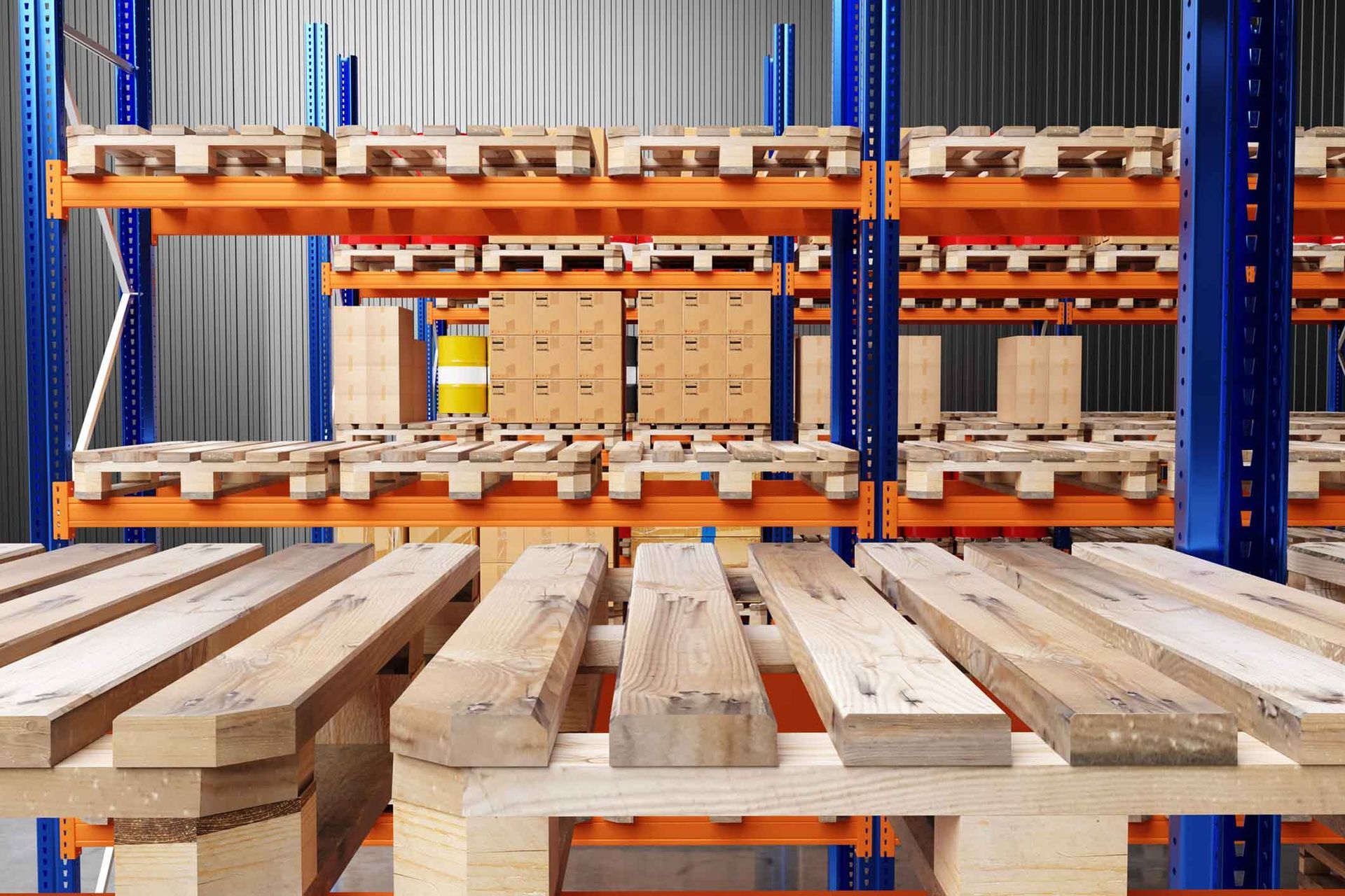 A warehouse filled with wooden pallets and shelves.